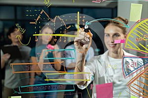 Young beautiful businesswoman writing business plan on glass wall. Tracery.