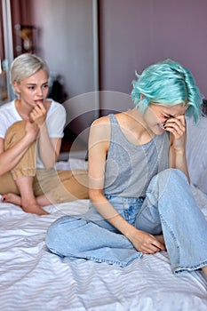 Young beautiful caucasian women lesbian couple lover having stressed after conflict