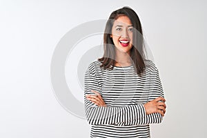 Young beautiful chinese woman wearing striped t-shirt standing over isolated white background happy face smiling with crossed arms
