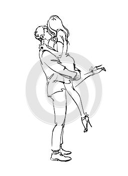 A young beautiful couple in love kisses, the guy lifted and hugs the girl. Modern fashion line sketch, hand drawing for