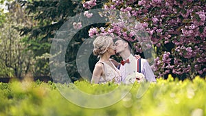 Young beautiful couple newlyweds hug, look at each other, stand under blossoming sakura. spring sunny day. wedding