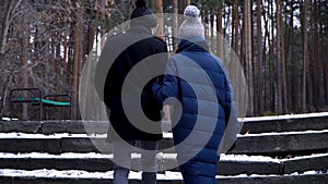 A young and beautiful couple is walking in the winter park, hugging and having fun. A Valentine`s Day and love story