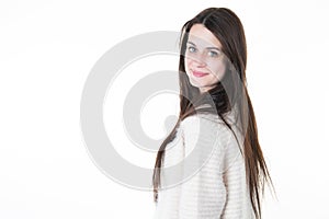 Young beautiful cute cheerful girl smiling looking at camera in white background