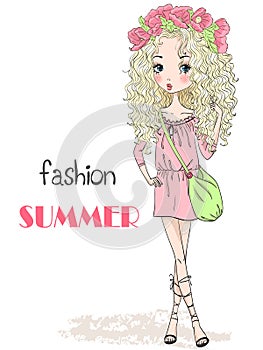 Young, beautiful, cute, romantic blonde curly girl with wreath on her head on the background with inscription fashion summer.