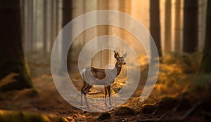 Young beautiful deer in a sunrise and misty forest. Natural woodland dawn landscape. Dark shadows and golden morning sun