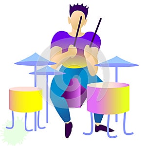 Young beautiful drummer. isolated vector illustration.rendy flat rock stars, pop, jazz, characters. Flat character cartoon