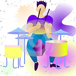 Young beautiful drummer. isolated vector illustration.rendy flat rock stars, pop, jazz, characters. Flat character cartoon