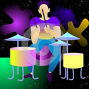 Young beautiful drummer. isolated vector illustration.rendy flat rock stars, pop, jazz, characters. Flat character cartoon