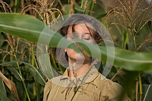 Young beautiful elegant girl with trendy gold makeup in green corn field holding the stalks with her hands