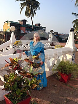 Young beautiful European woman in the Indian national clothes