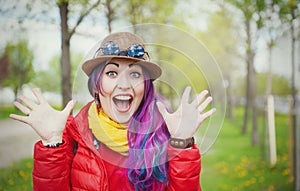 Young beautiful fashion hipster woman with colorful hair