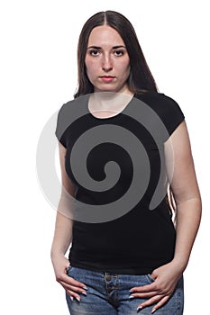 Young beautiful female with blank black shirt isolated on white