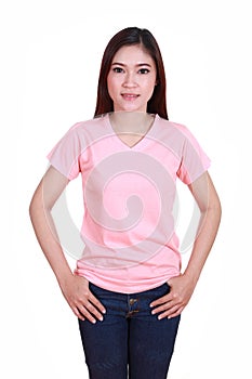 Young beautiful female with blank t-shirt