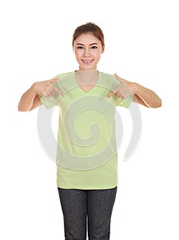 Young beautiful female with blank t-shirt