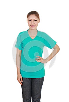 Young beautiful female with blank t-shirt