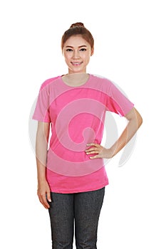 Young beautiful female with blank t-shirt