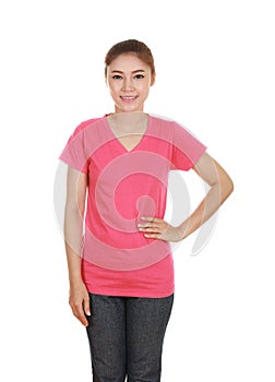 Young beautiful female with blank t-shirt