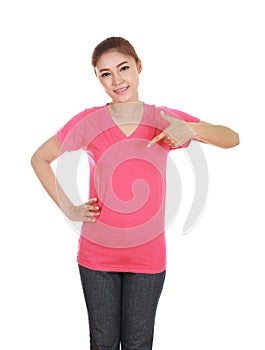 Young beautiful female with blank t-shirt