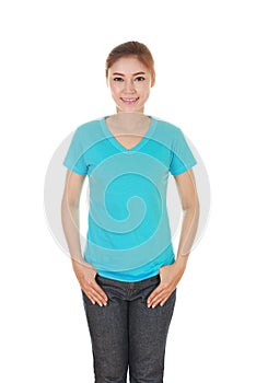 Young beautiful female with blank t-shirt