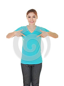 Young beautiful female with blank t-shirt