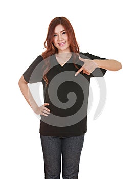 Young beautiful female with blank t-shirt