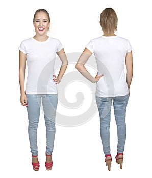 Young beautiful female with blank white shirt, front and back.