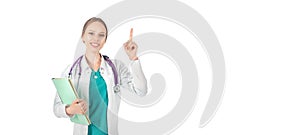 Young beautiful female doctor with stethoscope showing atention sign