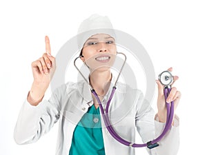 Young beautiful female doctor with stethoscope showing atention sign