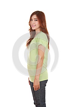 Young beautiful female with t-shirt (side view)