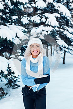 Young beautiful girl with afro hair wearing hat, blue sweater in winter park.