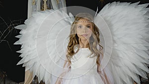 young beautiful girl with angelic white wings behind her shoulders looks at the camera. girl angel. Merry Christmas.