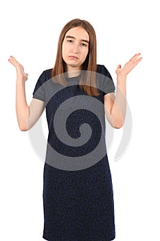 Young beautiful girl in a dark blue dress on a white background