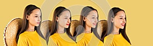 Young beautiful girl with different emotions isolated over yellow background.