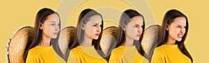 Young beautiful girl with different emotions isolated over yellow background.