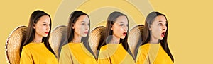 Young beautiful girl with different emotions isolated over yellow background.