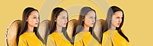 Young beautiful girl with different emotions isolated over yellow background.