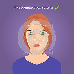 Young beautiful girl face, face identification system text