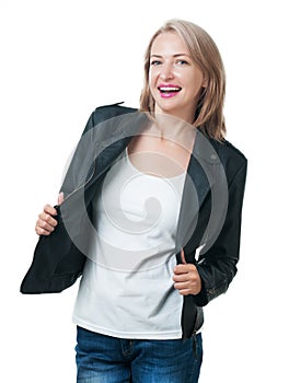 Young beautiful girl in a leather jacket isolated on white background