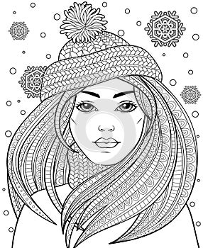 Young beautiful girl with long hair in knitted hat. Tattoo or adult antistress coloring page. Black and white hand drawn doodle fo
