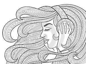 Young beautiful girl with long wavy hair listening to music in headphones. Tattoo or adult antistress coloring page. Black and whi