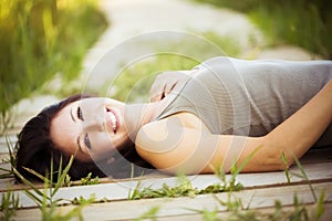 Lying on a walkway photo