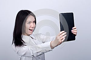 Young beautiful girl with office equipment