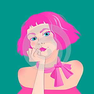 young beautiful girl with pink hair and pink ribbon on the neck. Vector illustration