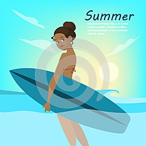 Young beautiful girl surfer with board on the summer beach