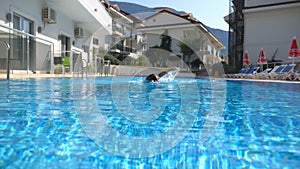 Young beautiful girl swimming in pool. Woman relaxing in clear warm water on sunny day. Front view Slow motion