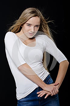 Young beautiful girl in turtleneck and jeans