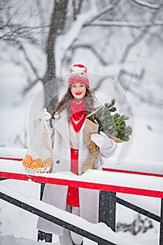 A young beautiful girl walks on a winter day in the garden in her hands holding tangerines and a bouquet of fir trees