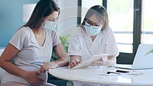 Young beautiful gynecologist wearing a hygienic face mask while showing to pregnant woman ultrasound scan baby with digit