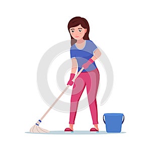 Young beautiful happy woman cleans the floor