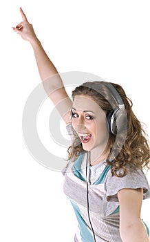 Young beautiful happy women listening music